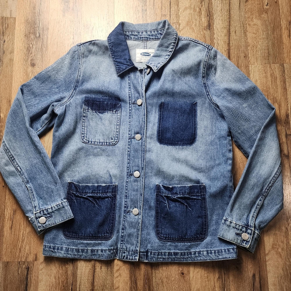 Women's Denim Distressed Reconstructed Jean Shirt Jacket Old Navy Size Small
